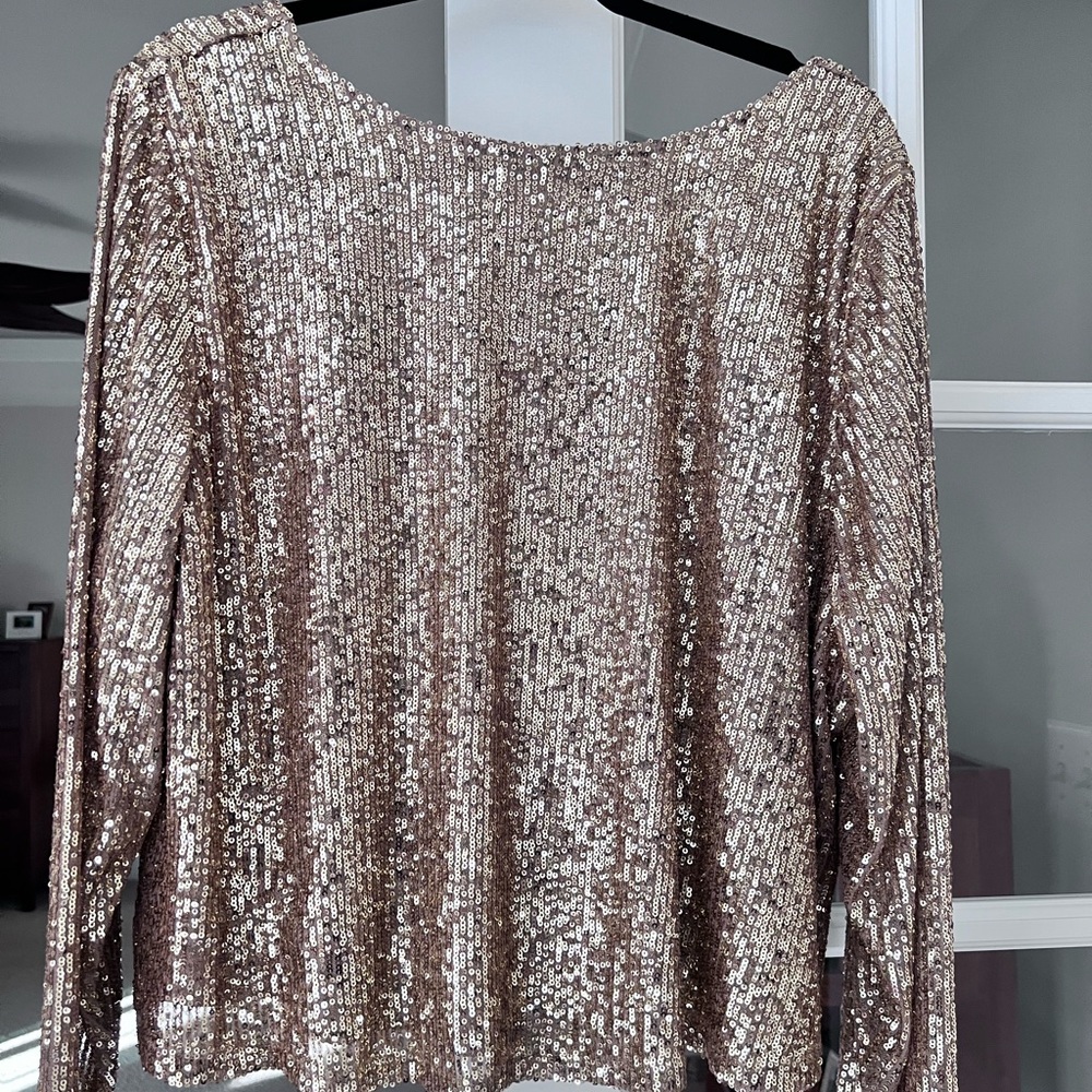 Halogen xl, gold sequin shirt. Very festive.